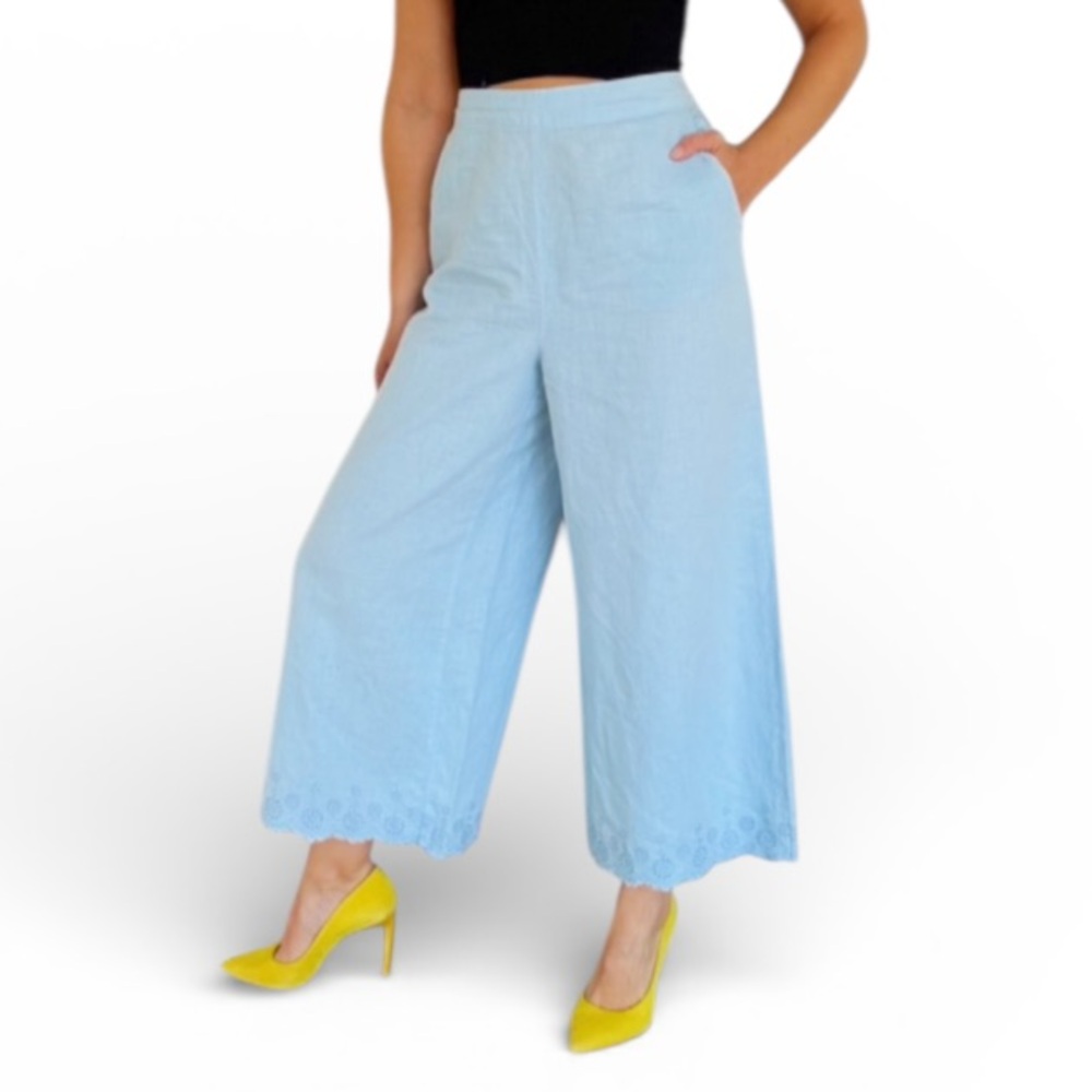 Laura Ashley baby blue linen wide leg crop eyelet lace trim pants size large